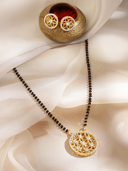 American Diamond Zirconia Gold Floral Pendant Mangalsutra Set Gold