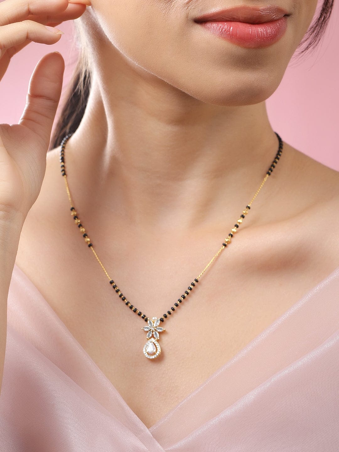 Rubans 18K Gold-Plated White Cubic Zirconia Studded Floral & Teardrop Pendant Mangalsutra with Black & Gold Beaded Chain Gold