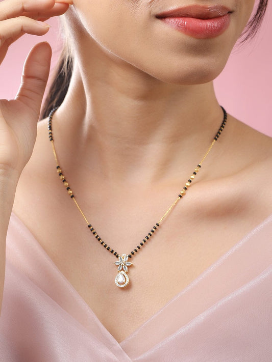 Rubans 18K Gold-Plated White Cubic Zirconia Studded Floral & Teardrop Pendant Mangalsutra with Black & Gold Beaded Chain Gold