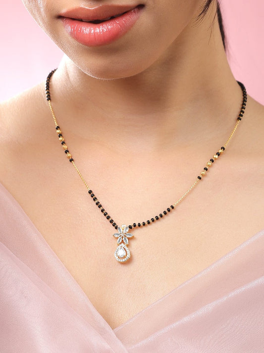 Rubans 18K Gold-Plated White Cubic Zirconia Studded Floral & Teardrop Pendant Mangalsutra with Black & Gold Beaded Chain Gold