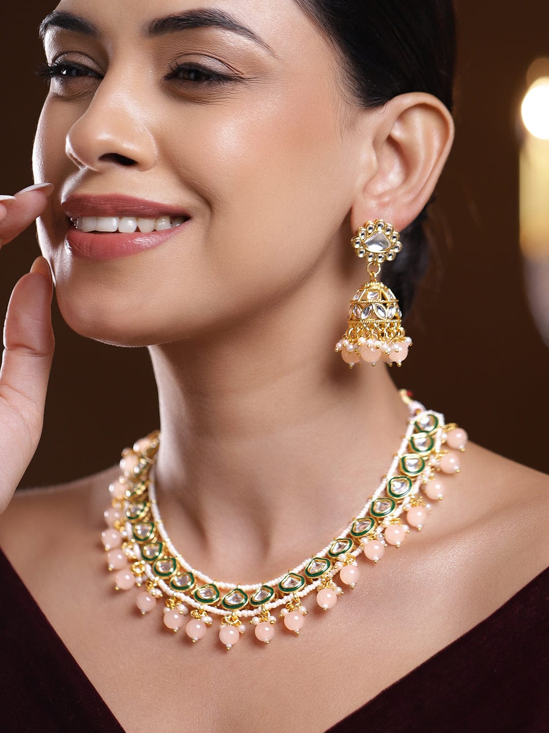 Refined Pastel Pink Kundan Necklace Set フリーサイズ