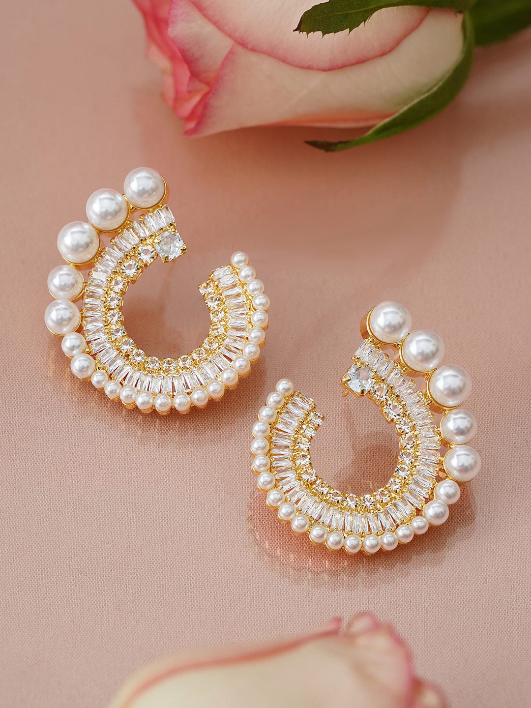 【Rubans】 18K Gold Plated Crystal & Pearl Spiral Stud Earrings｜18K ゴールドメッキ クリスタル＆パール スパイラル スタッドイヤリング
