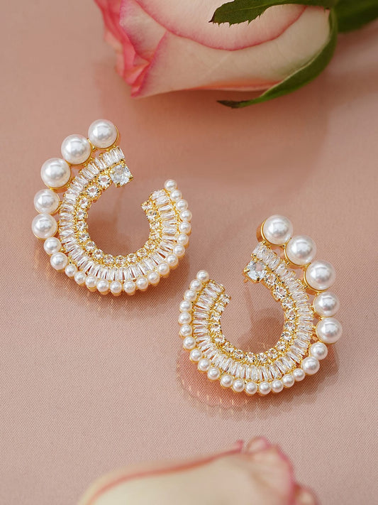 【Rubans】 18K Gold Plated Crystal & Pearl Spiral Stud Earrings｜18K ゴールドメッキ クリスタル＆パール スパイラル スタッドイヤリング
