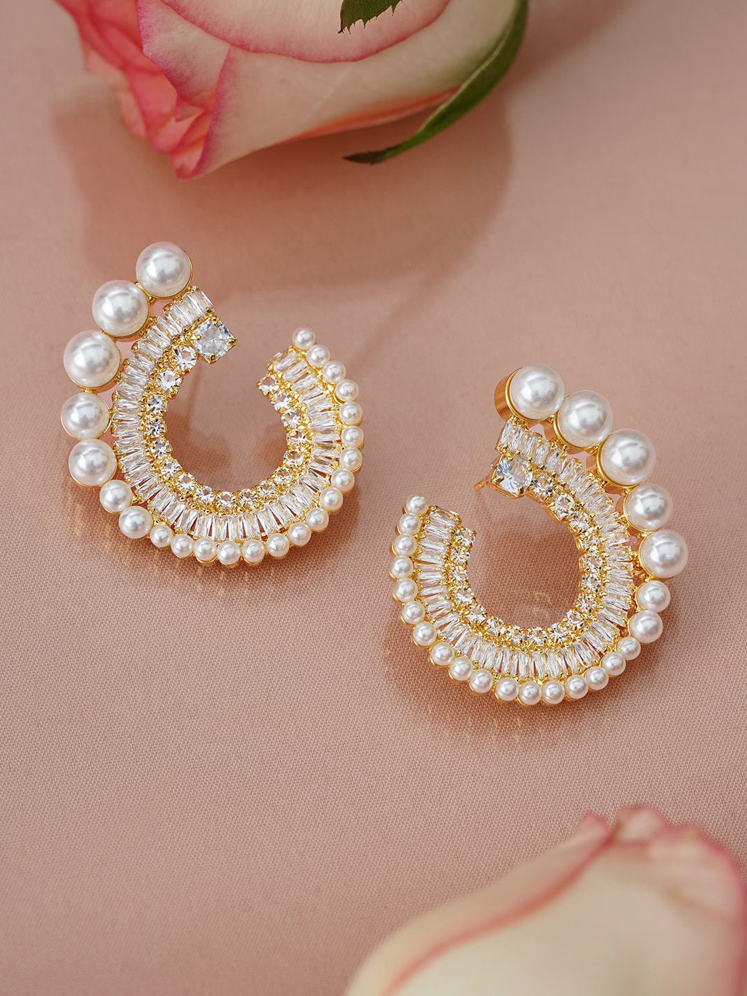 【Rubans】 18K Gold Plated Crystal & Pearl Spiral Stud Earrings｜18K ゴールドメッキ クリスタル＆パール スパイラル スタッドイヤリング