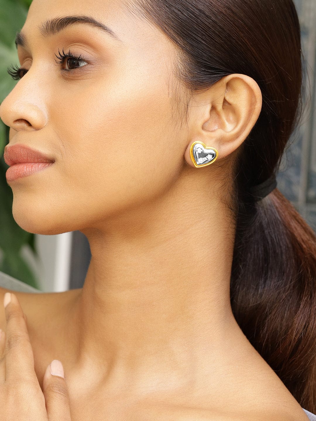 Two-Toned Heart Stud Earrings Silver