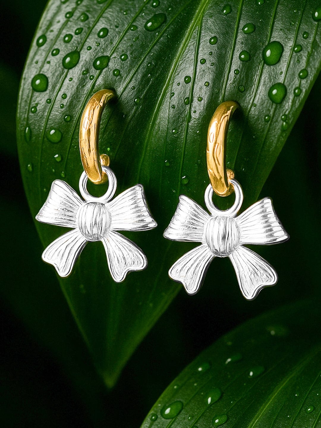 Dual-Tone Bowknot Charm Drop Earrings Gold
