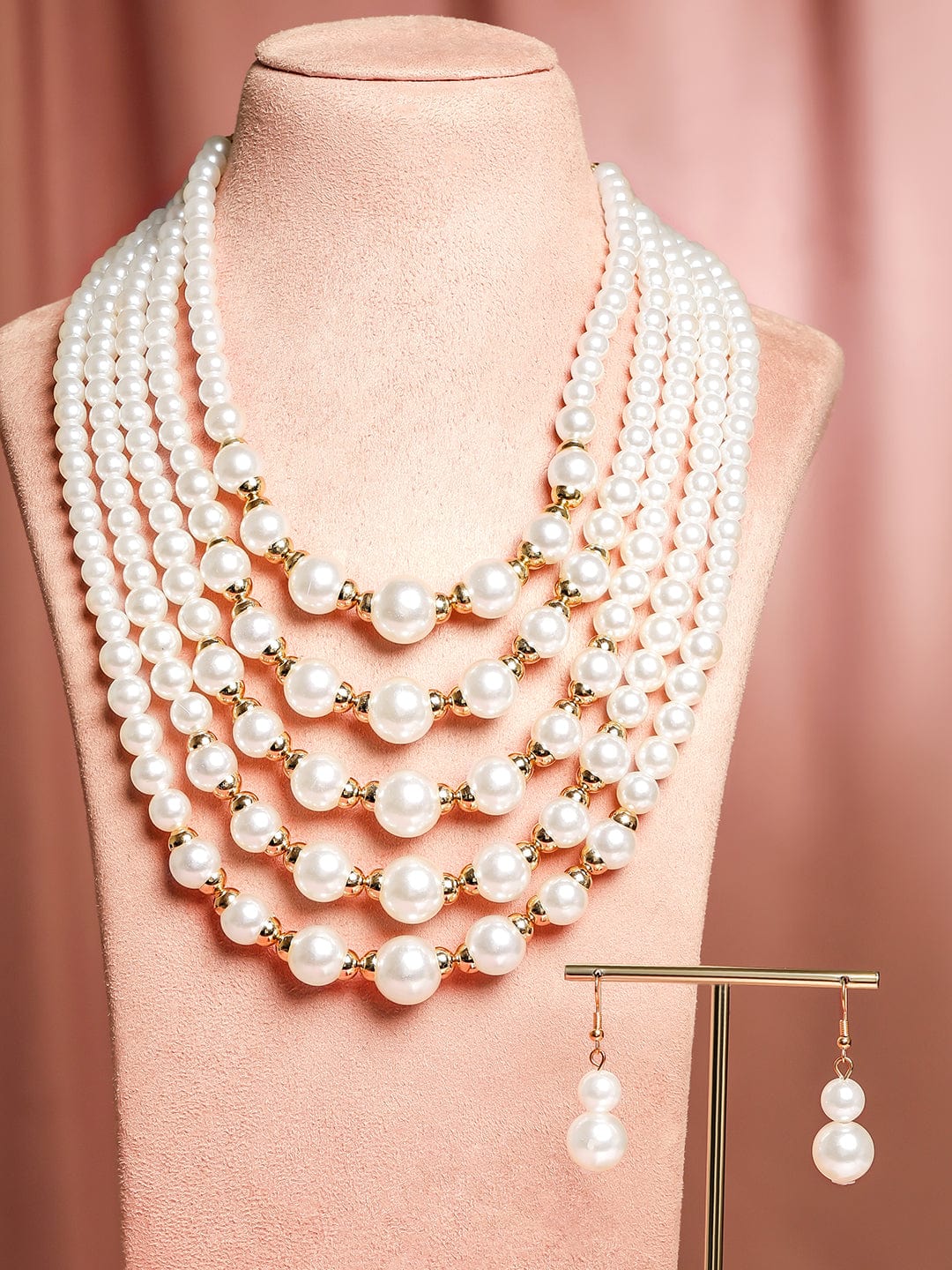 Royal Bridal Pearl Long Necklace Set Gold