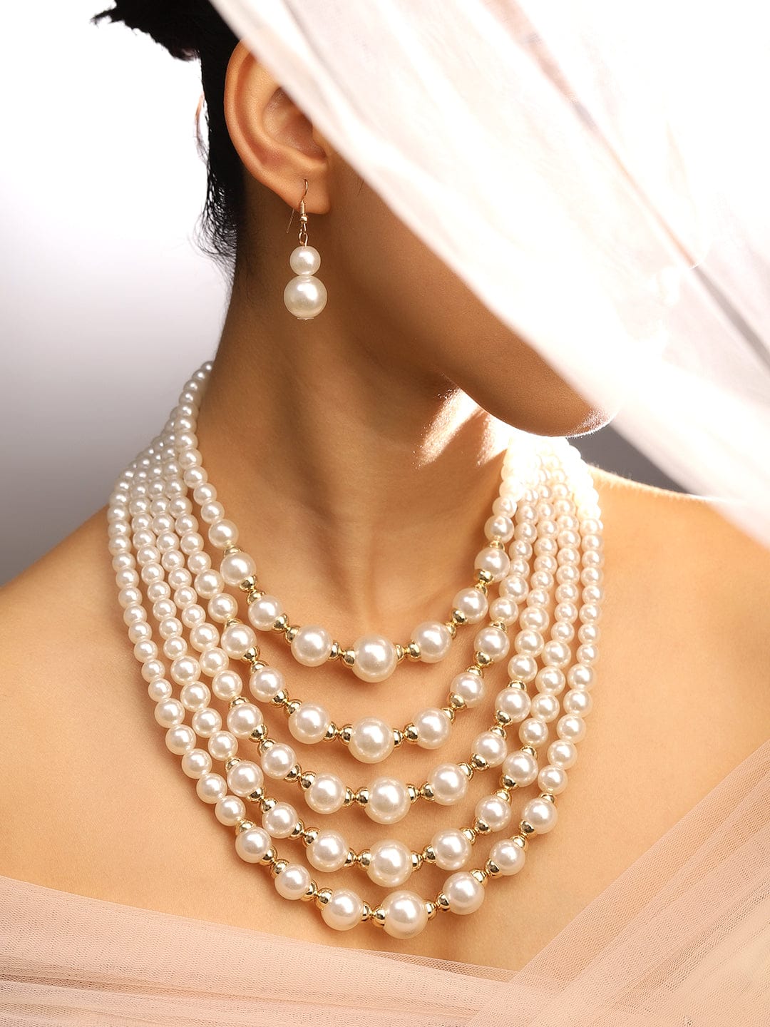 Royal Bridal Pearl Long Necklace Set Gold