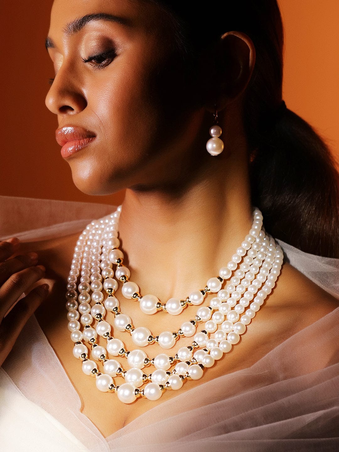 Royal Bridal Pearl Long Necklace Set Gold