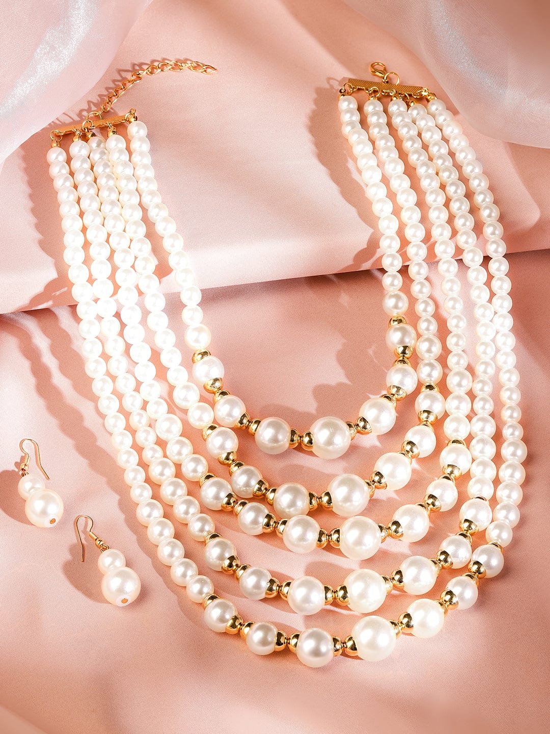 Royal Bridal Pearl Long Necklace Set Gold
