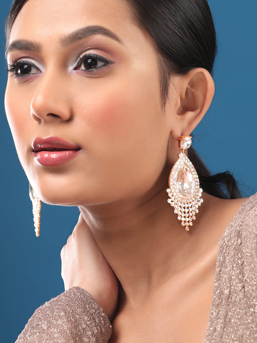 Rubans 18K Gold Toned Teardrop Zircon Studded Drop Earring Gold::White