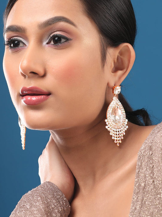 Rubans 18K Gold Toned Teardrop Zircon Studded Drop Earring Gold::White
