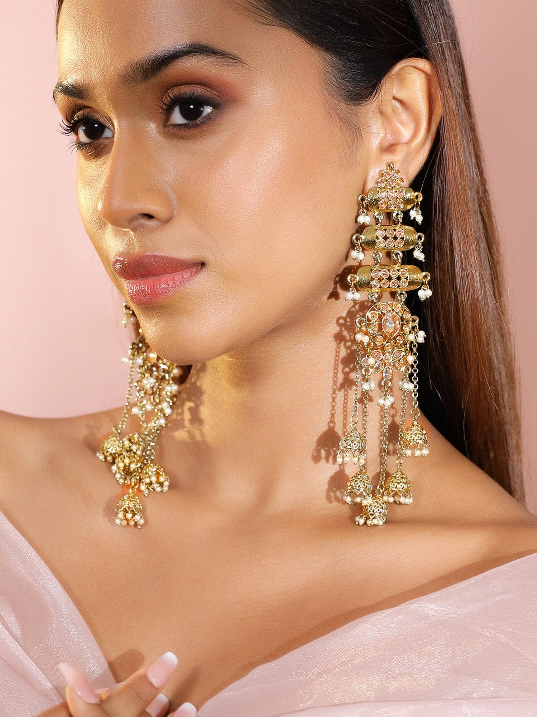Rubans 18K Mehndi Gold-Plated Kundan Studded Layered Shoulder Duster Jhumka Earrings Gold