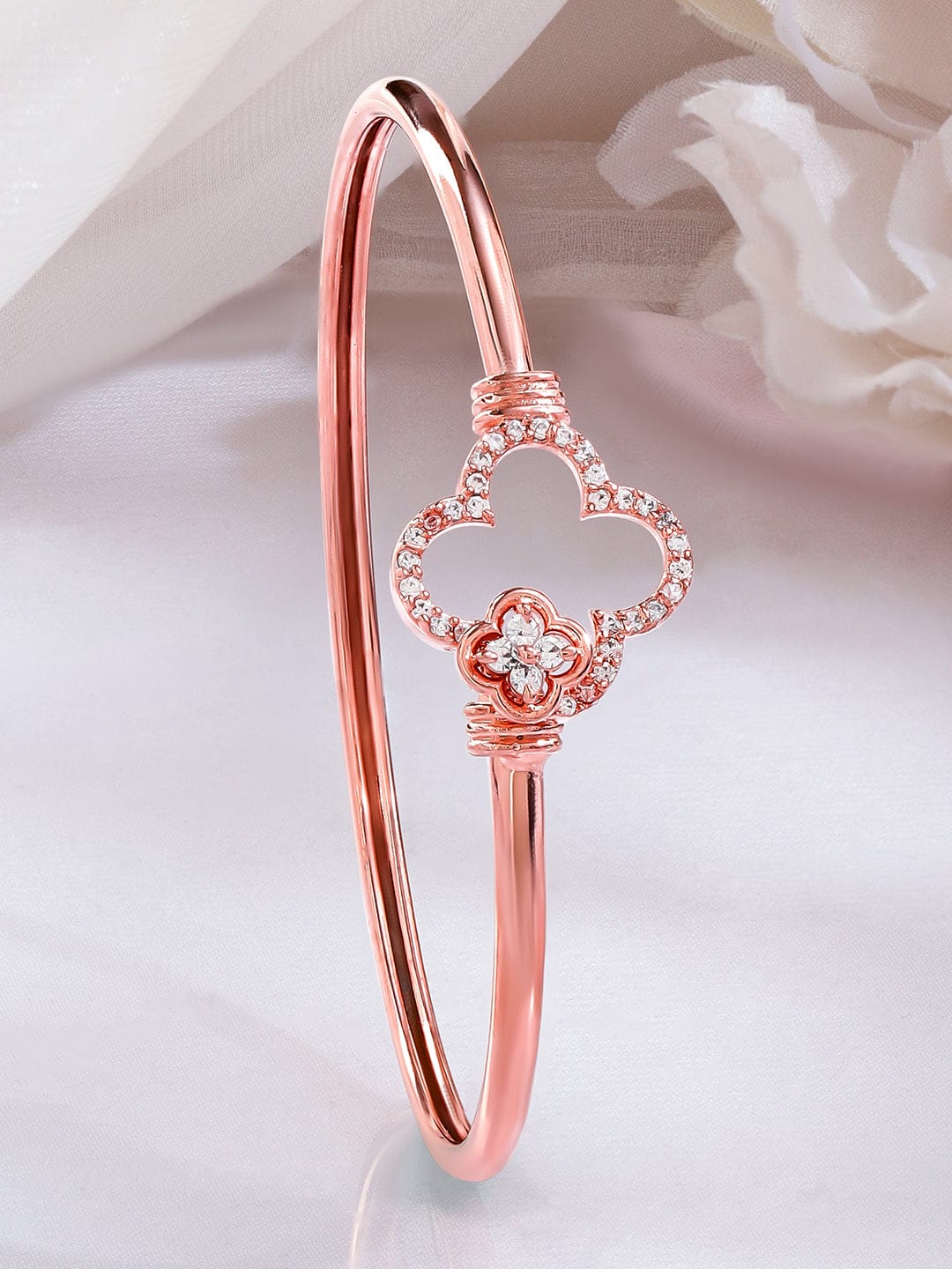 Rubans 18K Rose Gold-Plated Crystal Zirconia Studded Clover Motif Sleek Bracelet Rose gold