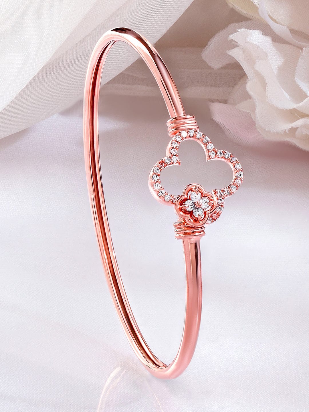 Rubans 18K Rose Gold-Plated Crystal Zirconia Studded Clover Motif Sleek Bracelet Rose gold