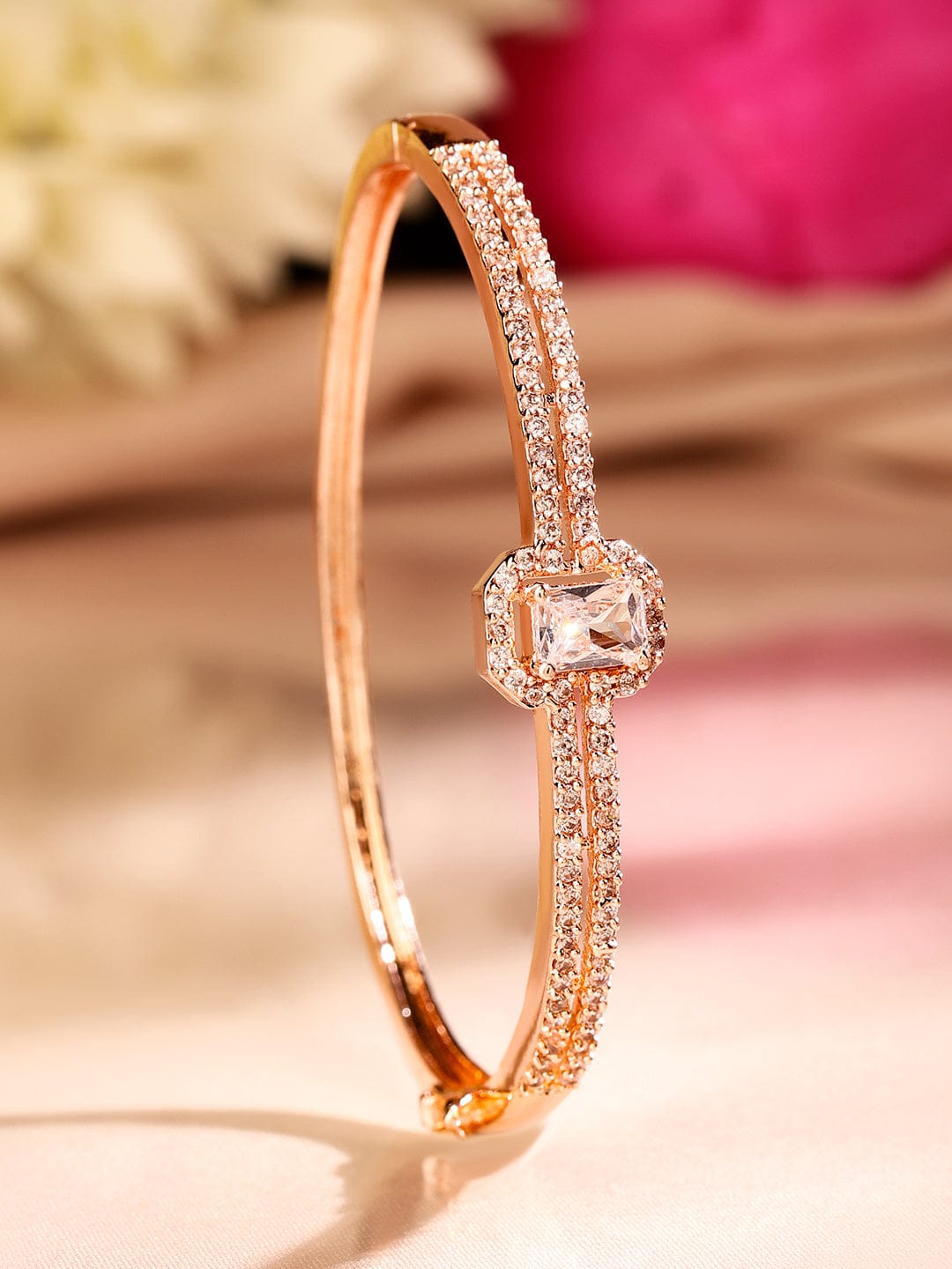Rubans 18K Rose Gold-Plated Cubic Zirconia Dual Band Openable Bracelet â€“ Statement Jewelry Rose Gold