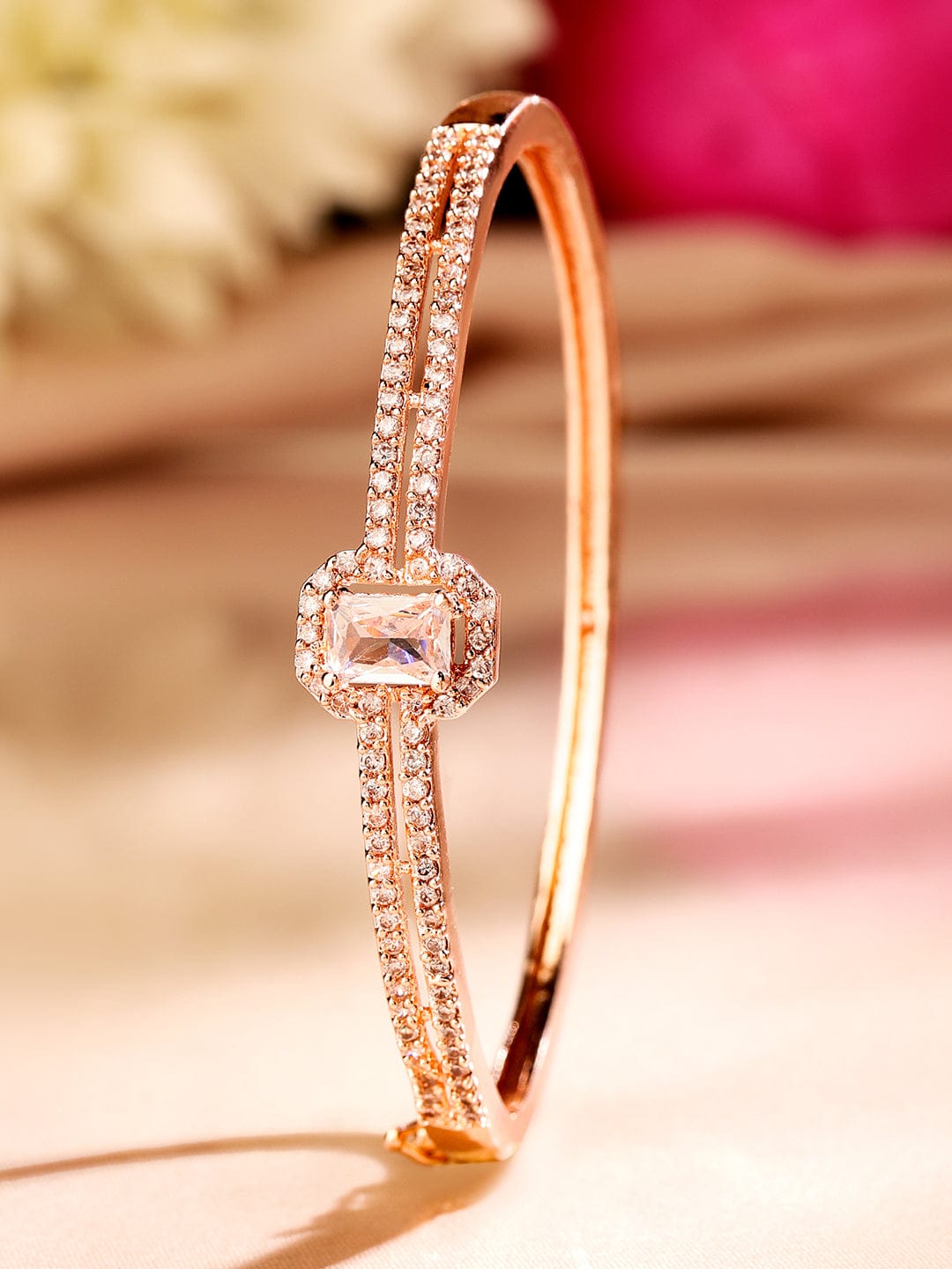 Rubans 18K Rose Gold-Plated Cubic Zirconia Dual Band Openable Bracelet â€“ Statement Jewelry Rose Gold