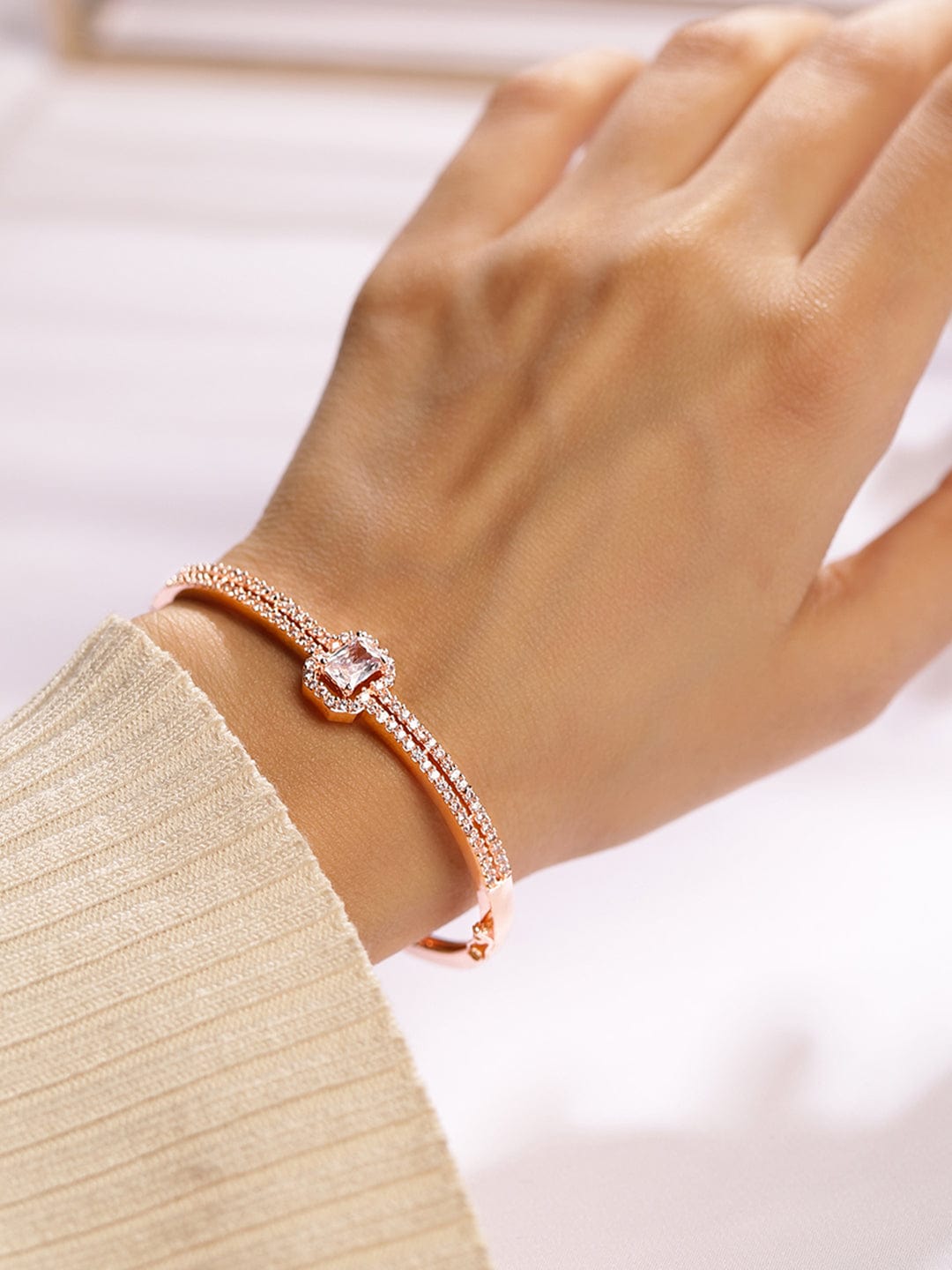 Rubans 18K Rose Gold-Plated Cubic Zirconia Dual Band Openable Bracelet â€“ Statement Jewelry Rose Gold
