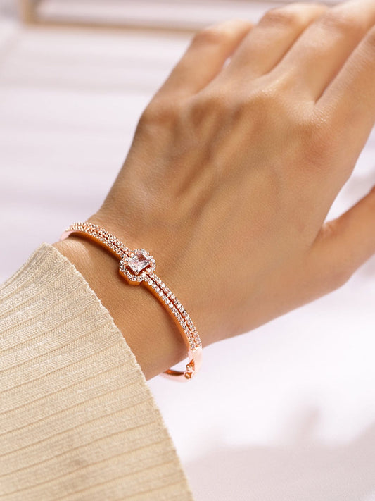 Rubans 18K Rose Gold-Plated Cubic Zirconia Dual Band Openable Bracelet â€“ Statement Jewelry Rose Gold