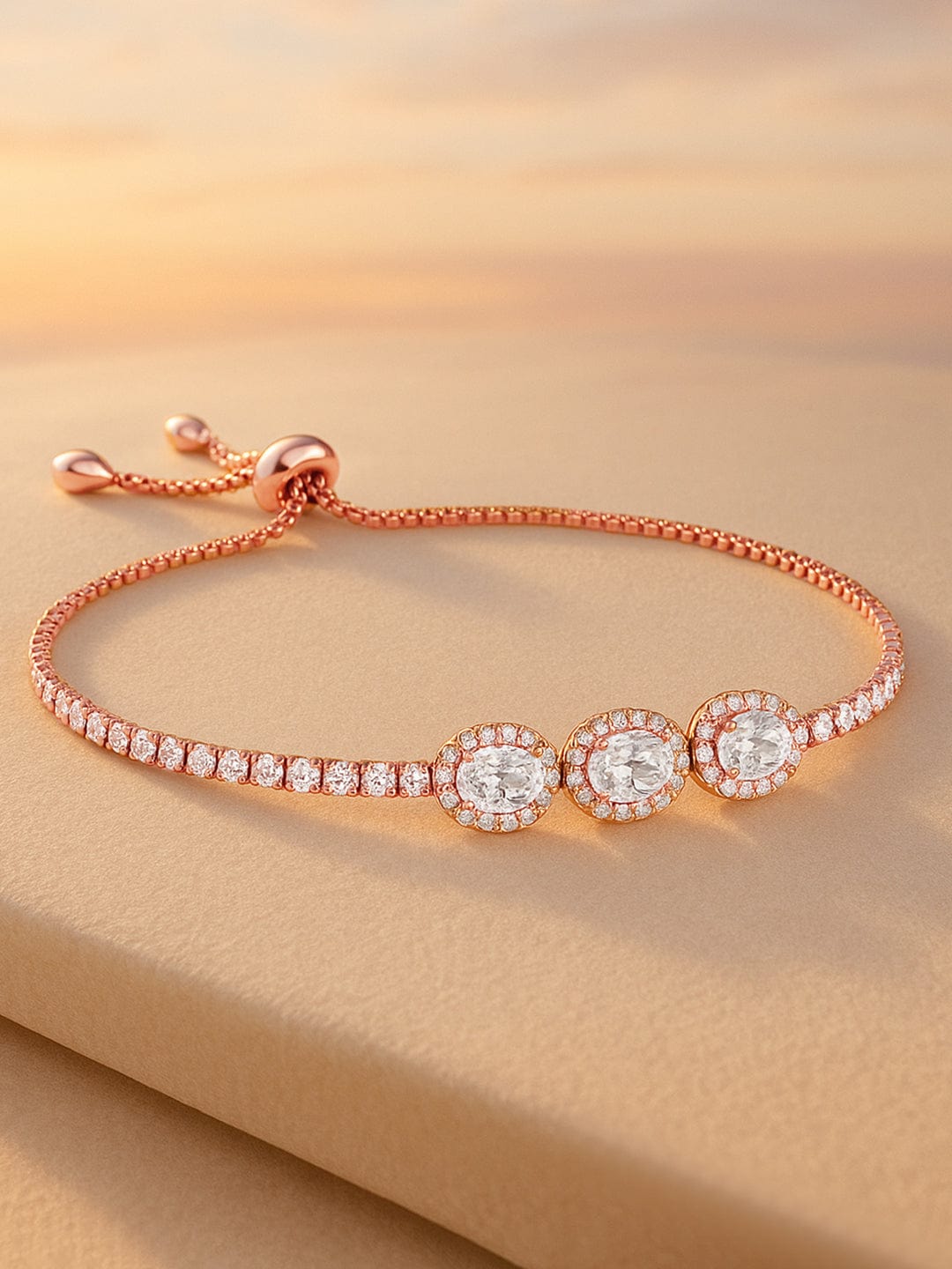 Rubans 18K Rose Gold Plated Cubic Zirconia Studded Adjustable Pull Chain Bracelet Rose Gold