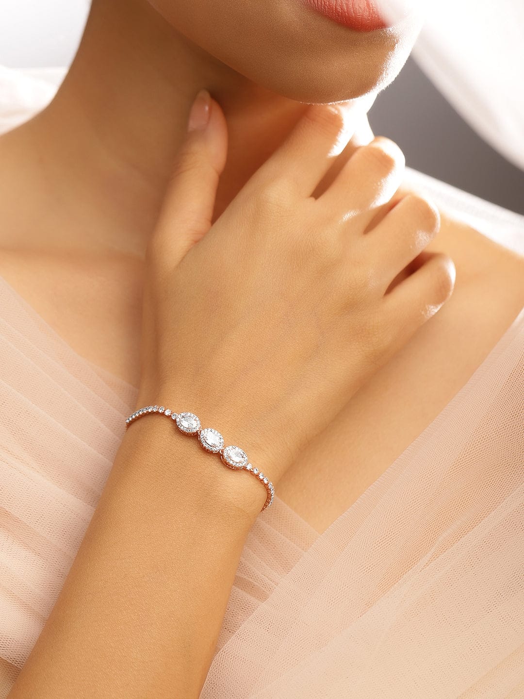Rubans 18K Rose Gold Plated Cubic Zirconia Studded Adjustable Pull Chain Bracelet Rose Gold