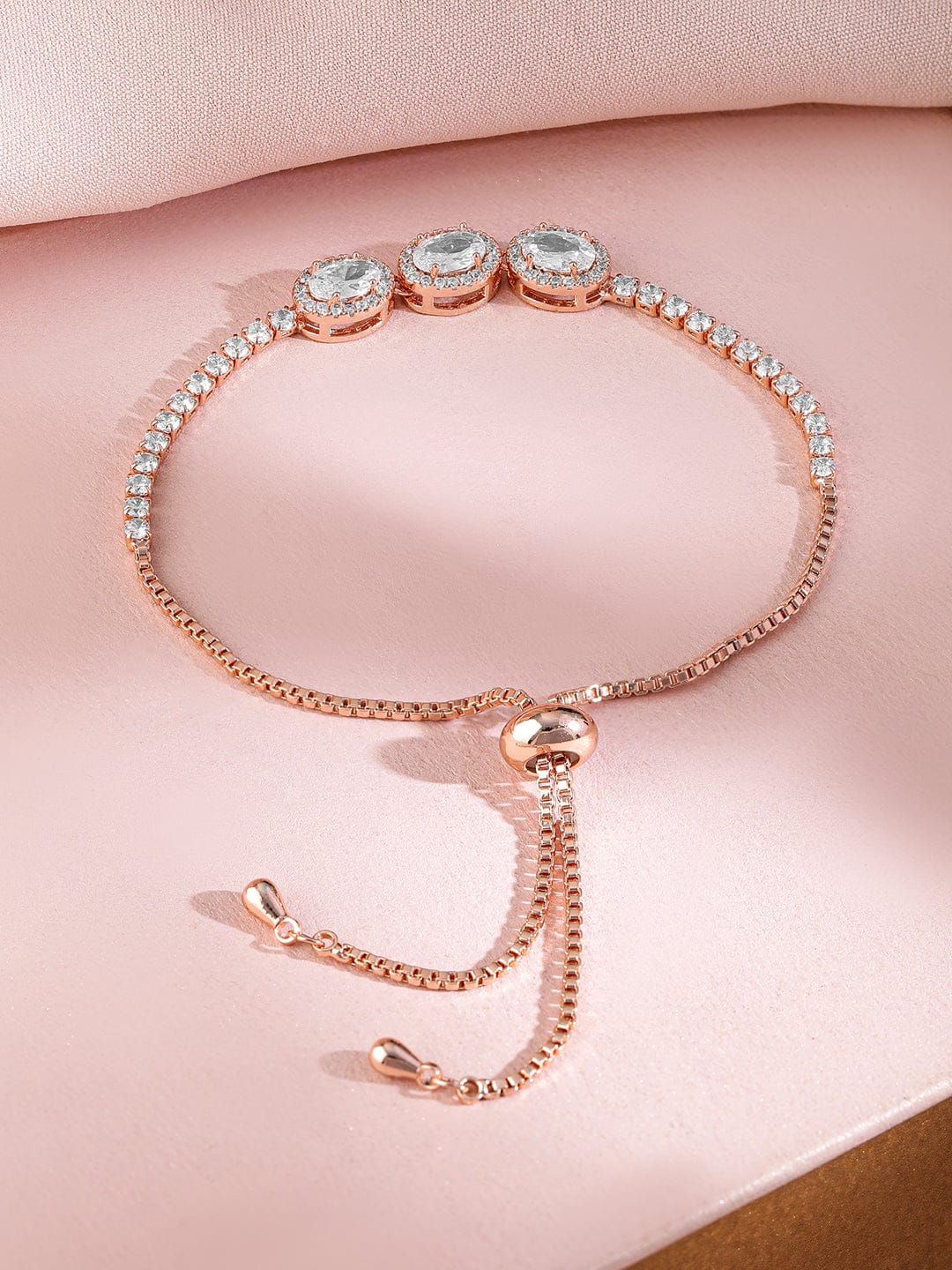 Rubans 18K Rose Gold Plated Cubic Zirconia Studded Adjustable Pull Chain Bracelet Rose Gold