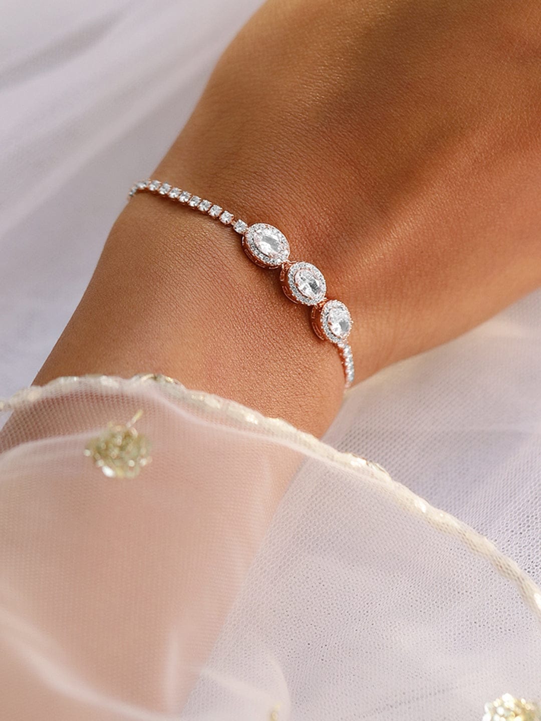 Rubans 18K Rose Gold Plated Cubic Zirconia Studded Adjustable Pull Chain Bracelet Rose Gold