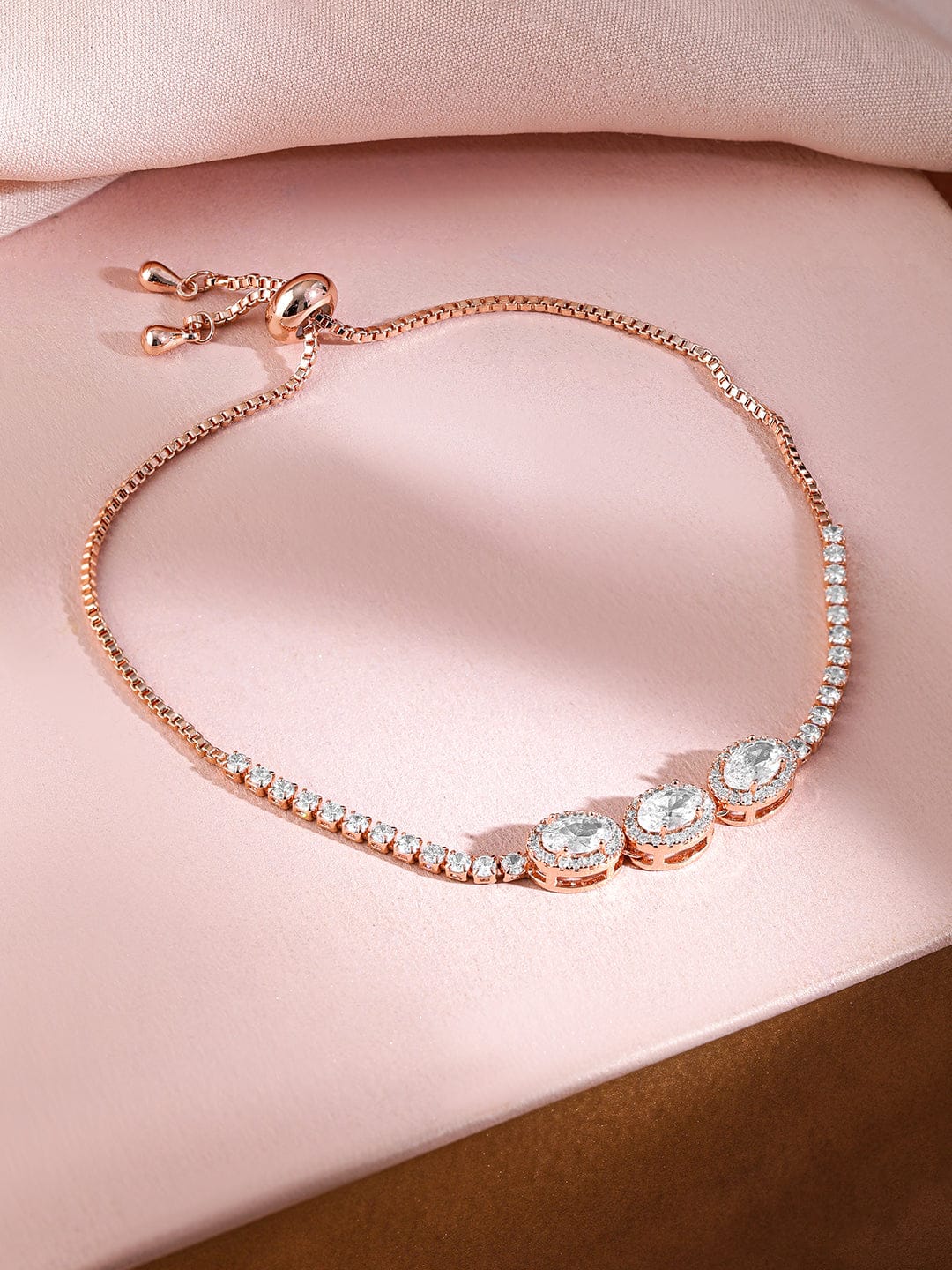 Rubans 18K Rose Gold Plated Cubic Zirconia Studded Adjustable Pull Chain Bracelet Rose Gold