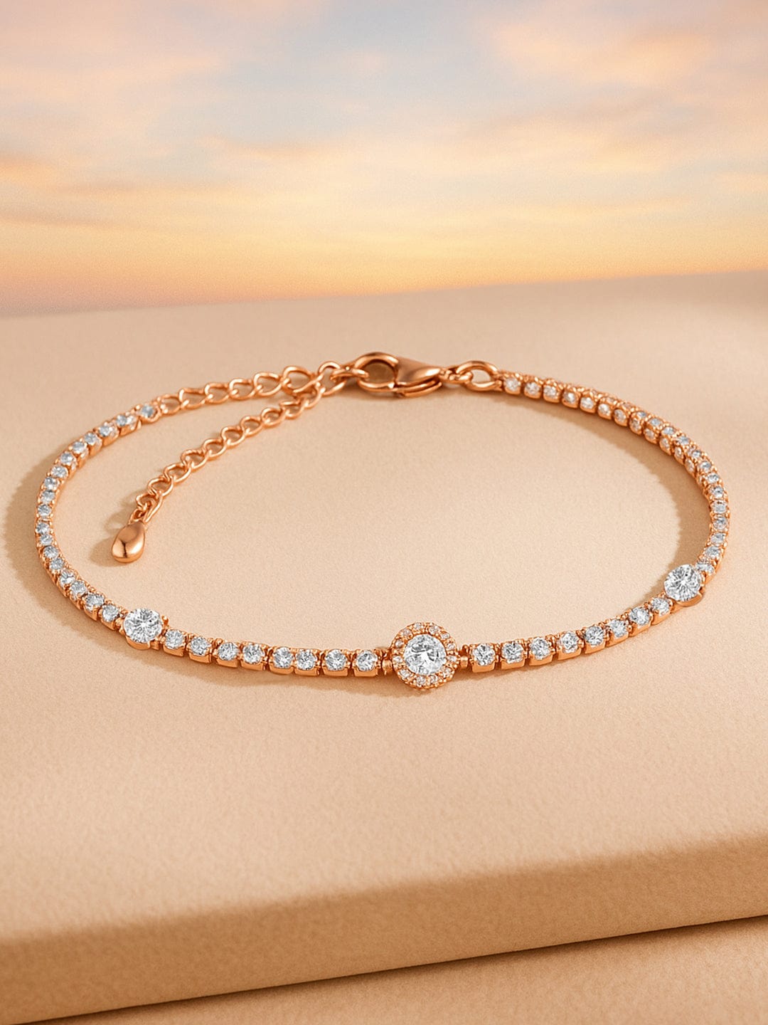【Rubans】 18K Rose Gold-Plated Cubic Zirconia Studded Tennis Bracelet｜18Kローズゴールドメッキ キュービックジルコニア テニスブレスレット