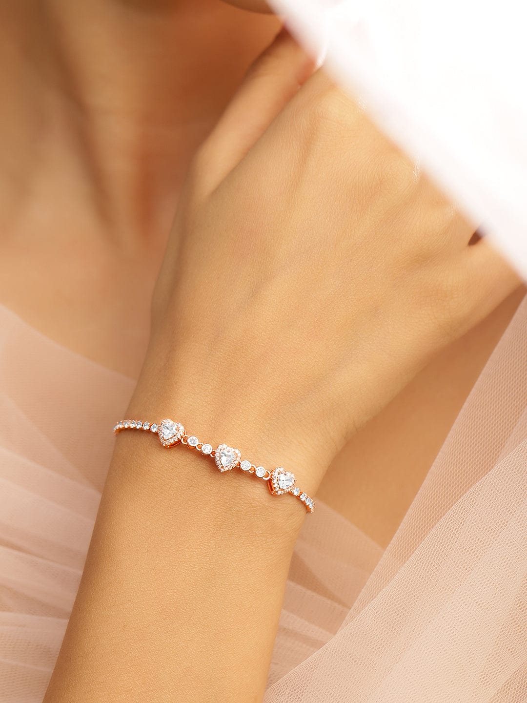 【Rubans】 18K Rose Gold-Plated Cubic Zirconia Adjustable Pull Chain Bracelet｜18Kローズゴールドメッキ キュービックジルコニア アジャスタブル プルチェーン ブレスレット