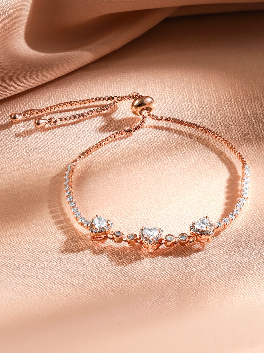 【Rubans】 18K Rose Gold-Plated Cubic Zirconia Adjustable Pull Chain Bracelet｜18Kローズゴールドメッキ キュービックジルコニア アジャスタブル プルチェーン ブレスレット
