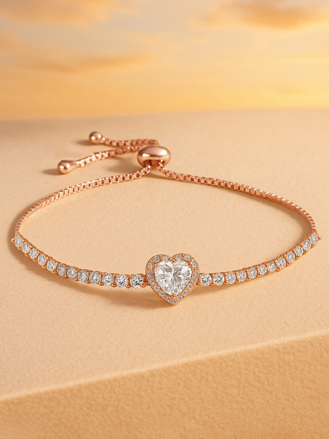 Rubans 18K Rose Gold-Plated Heart-Cut Cubic Zirconia Adjustable Pull Chain Tennis Bracelet Rose Gold