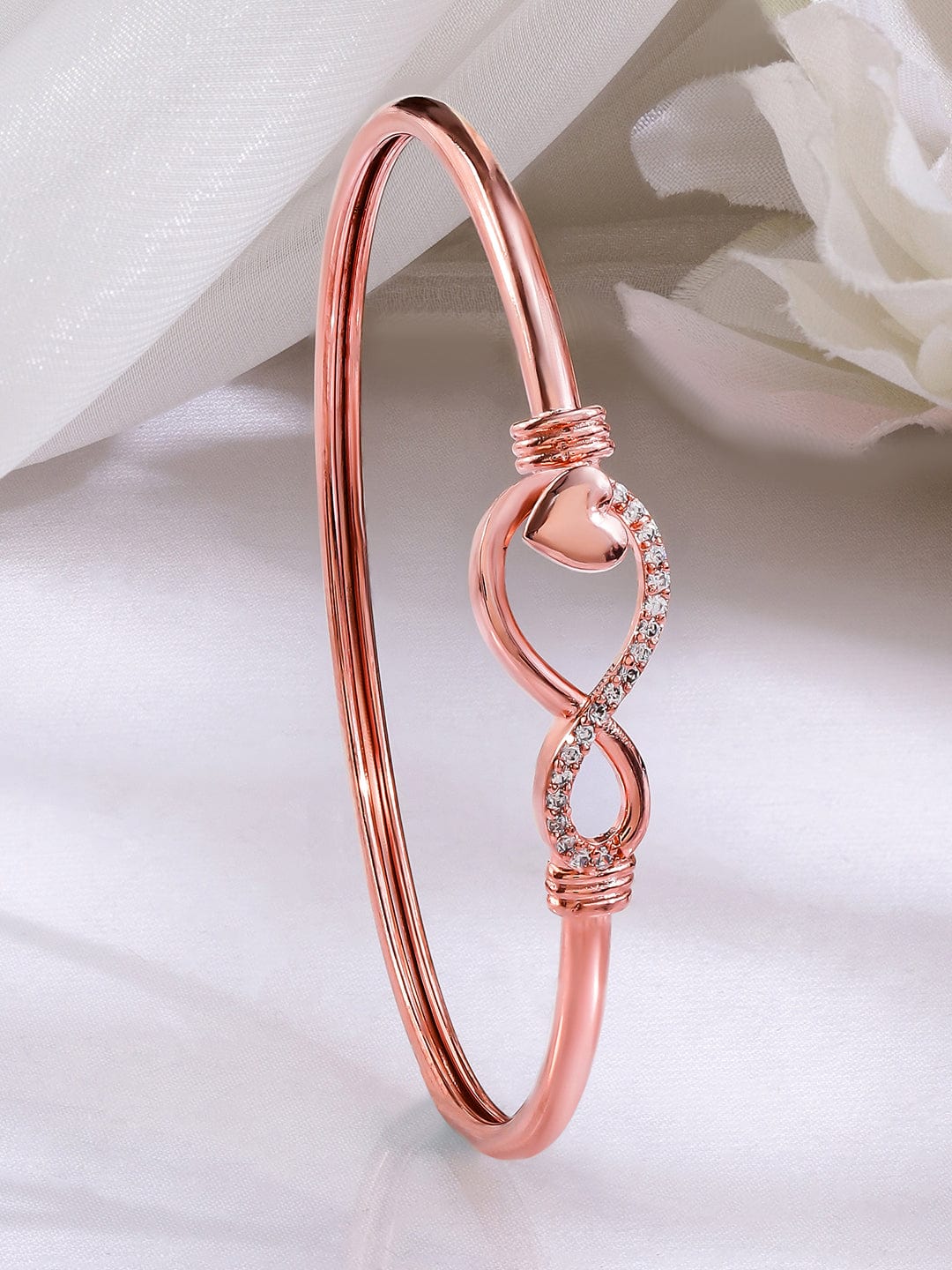 Rubans 18K Rose Gold-Plated Infinity & Heart Motif Crystal Zirconia Studded Sleek Bracelet Rose gold