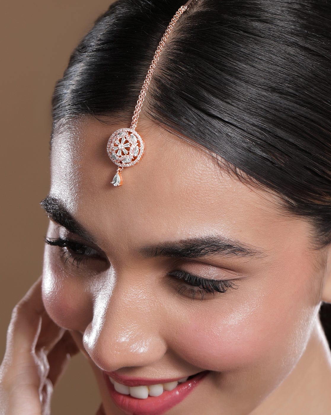 Rubans 18K Rose Gold-Plated White & Cubic Zirconia Studded Designer Maang Tikka Rose Gold