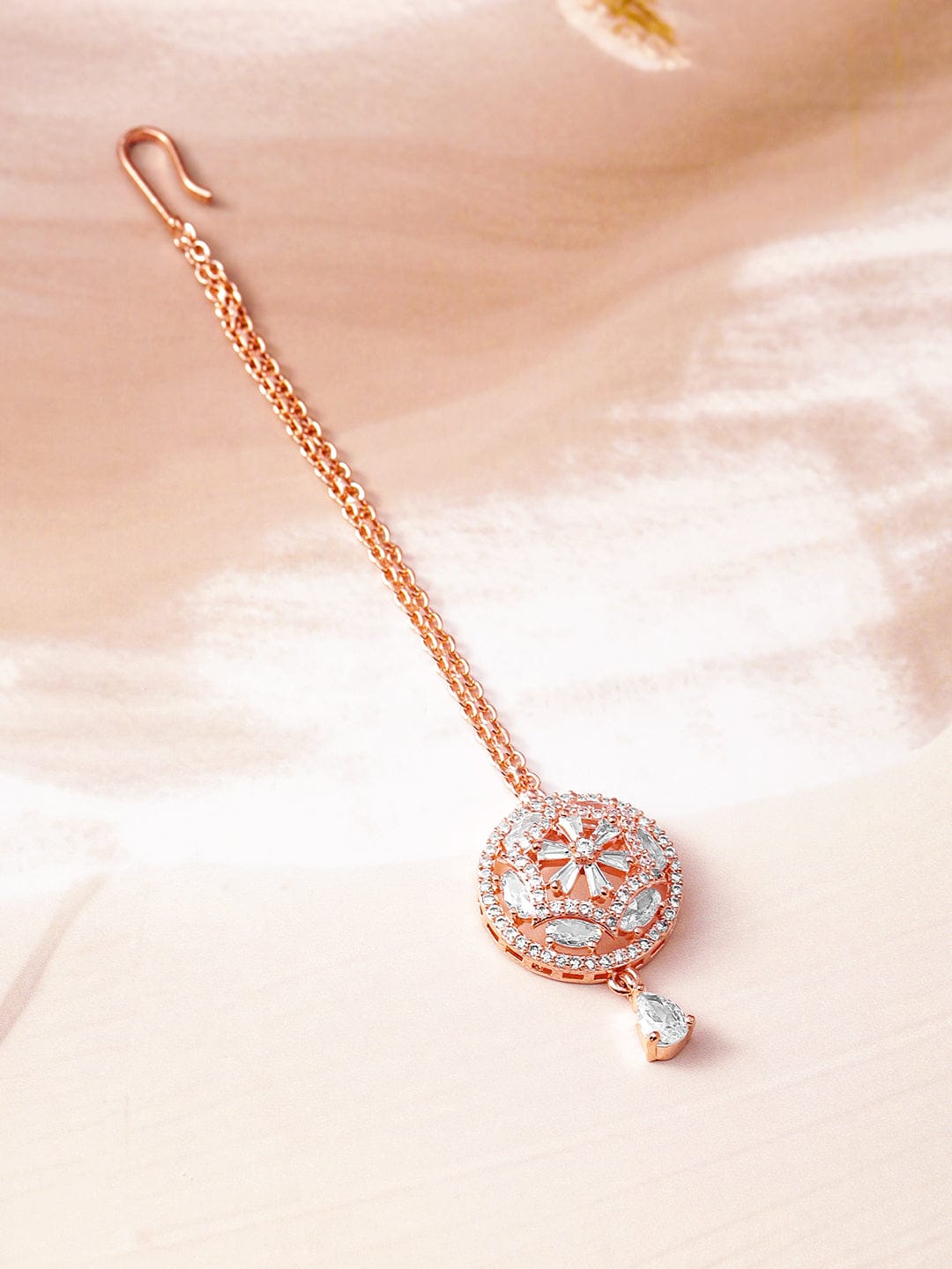 Rubans 18K Rose Gold-Plated White & Cubic Zirconia Studded Designer Maang Tikka Rose Gold