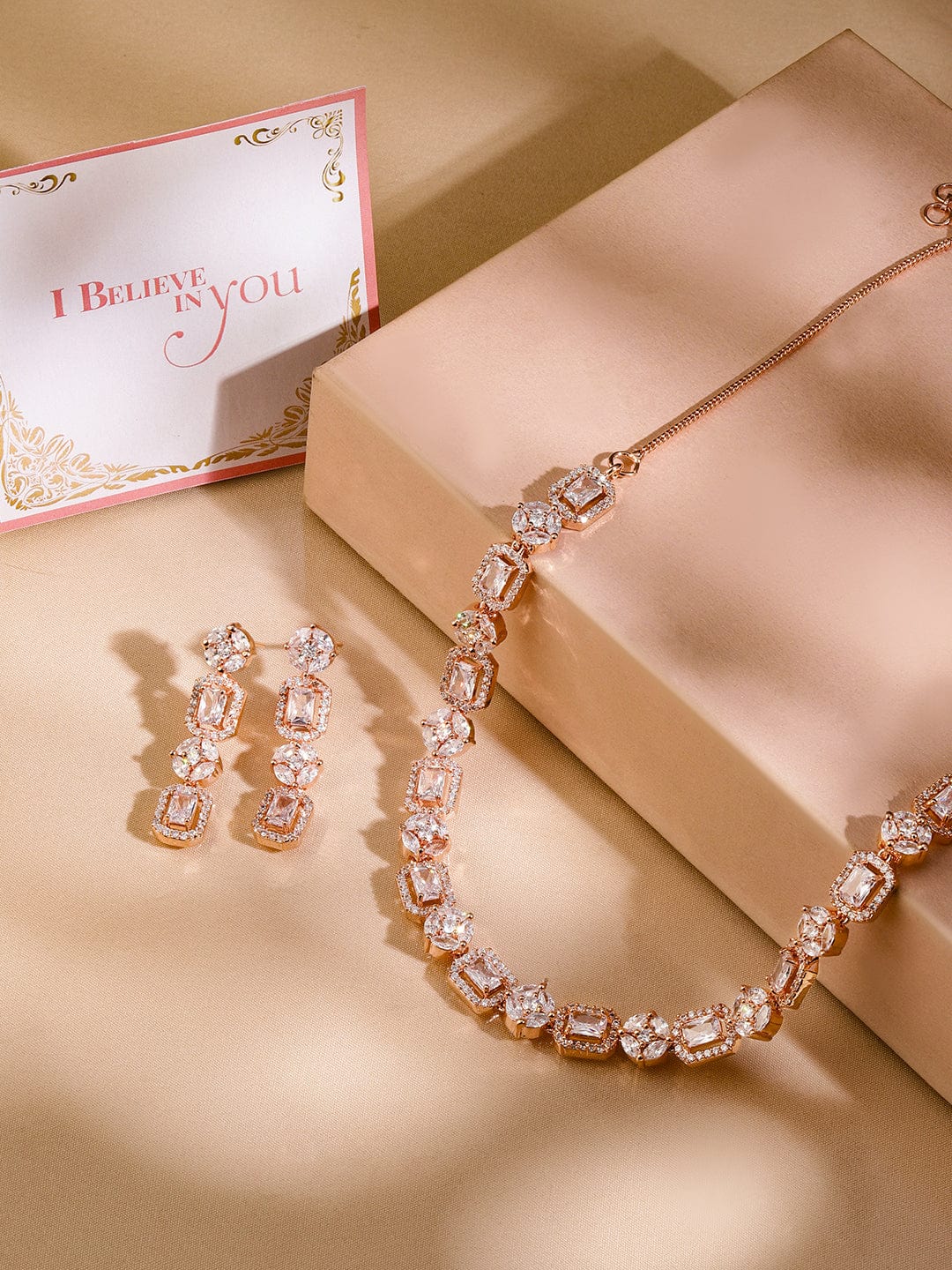 American Diamond Zirconia Rose Gold Necklace Set Rose Gold