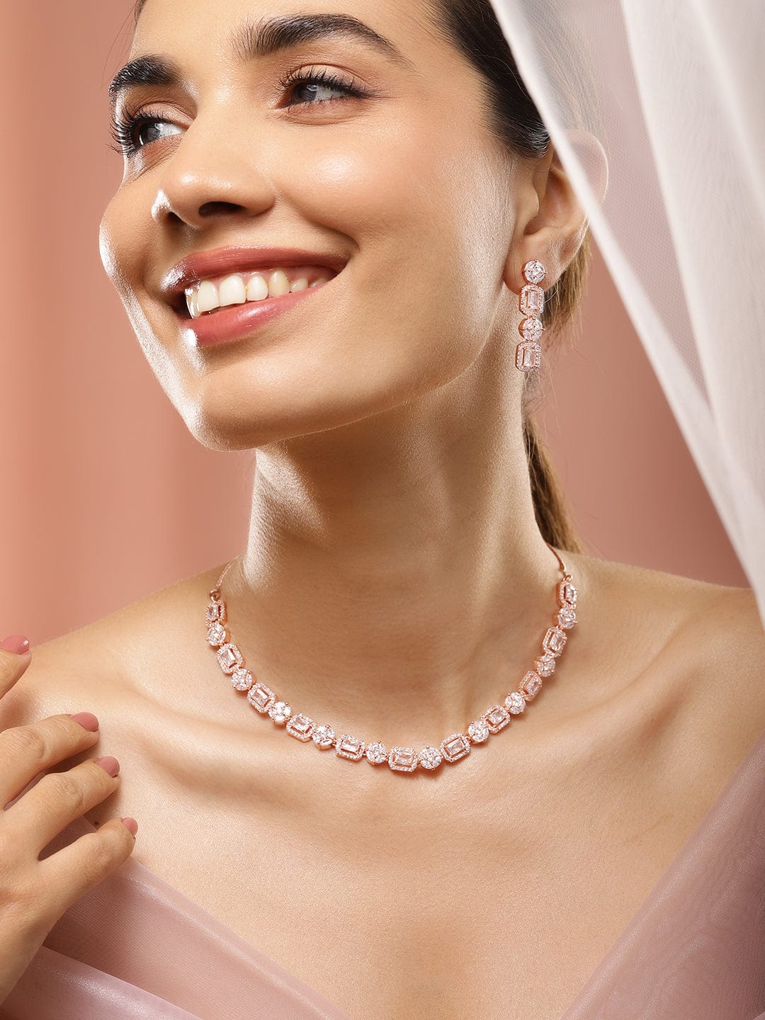 American Diamond Zirconia Rose Gold Necklace Set Rose Gold