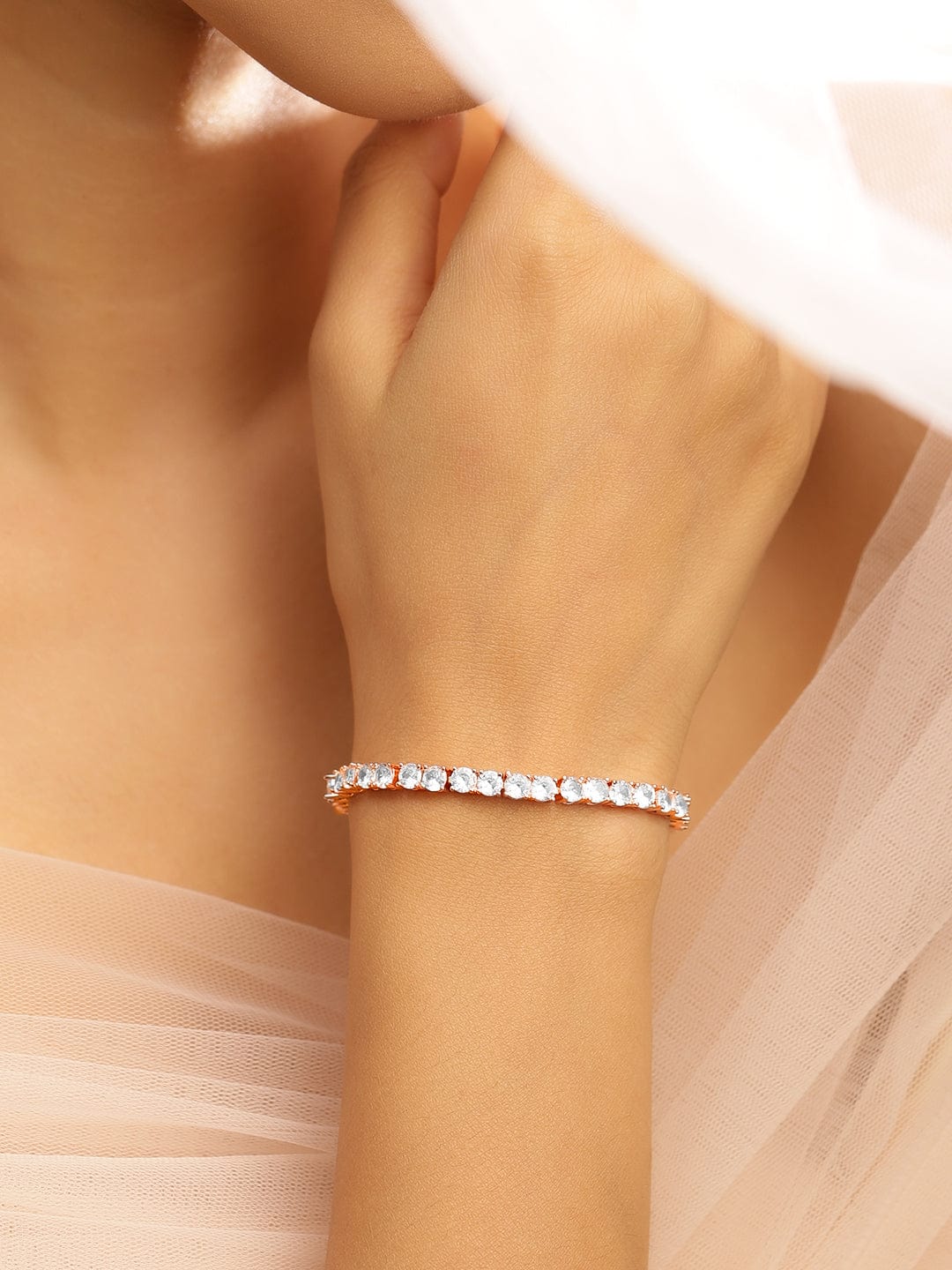 【Rubans】 18K Rose Gold-Plated White Cubic Zirconia Tennis Bracelet｜18Kローズゴールドメッキ ホワイト キュービックジルコニア テニスブレスレット