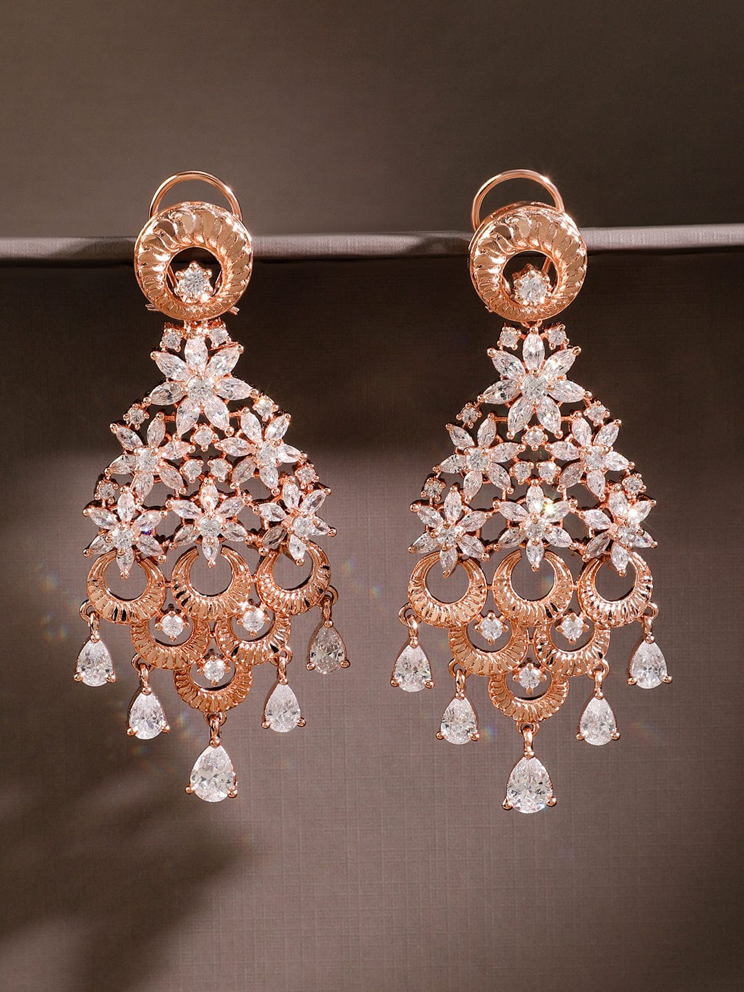 Rubans 18K Rose Gold White Cubic Zirconia Floral Cascading Floral Chandelier Earrings Rose gold