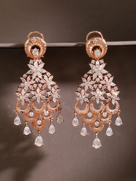 Rubans 18K Rose Gold White Cubic Zirconia Floral Cascading Floral Chandelier Earrings Rose gold