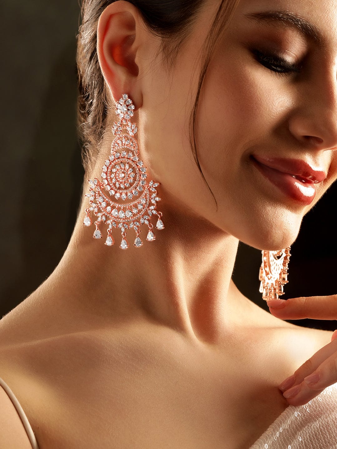 Timeless American Diamond Zirconia White Chandelier Earrings Rose Gold