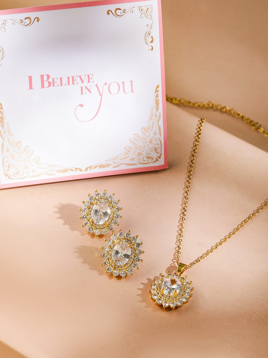 Crystal Studded Necklace Set Gold