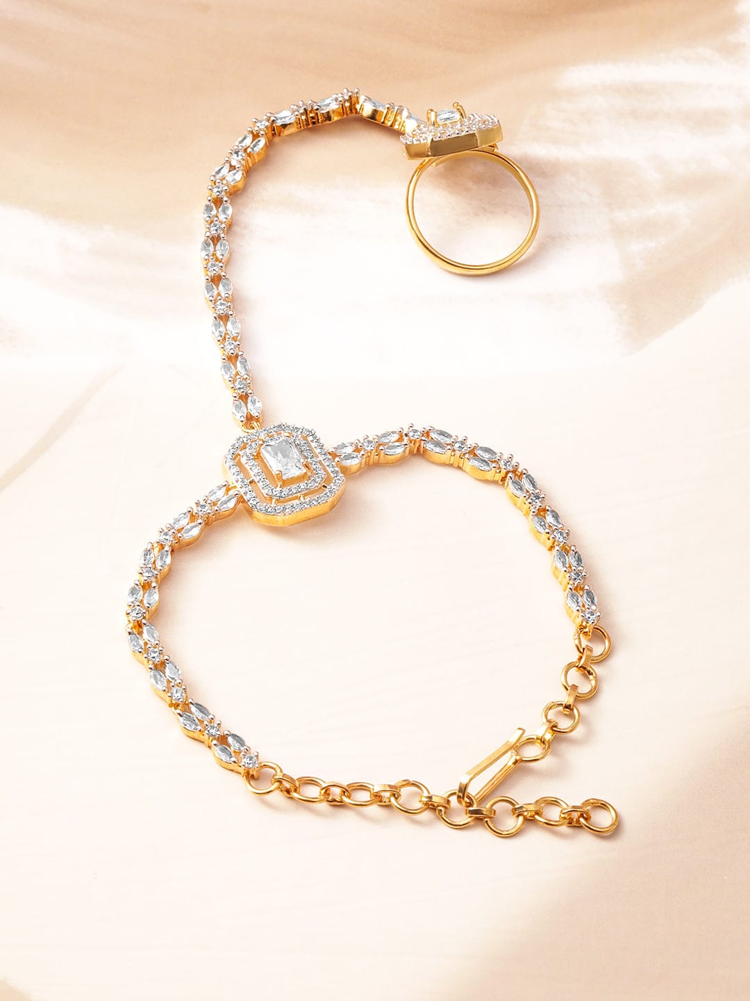 Rubans 18KT Gold-Plated Cubic Zirconia Studded Hand Harness Ring Bracelet Gold