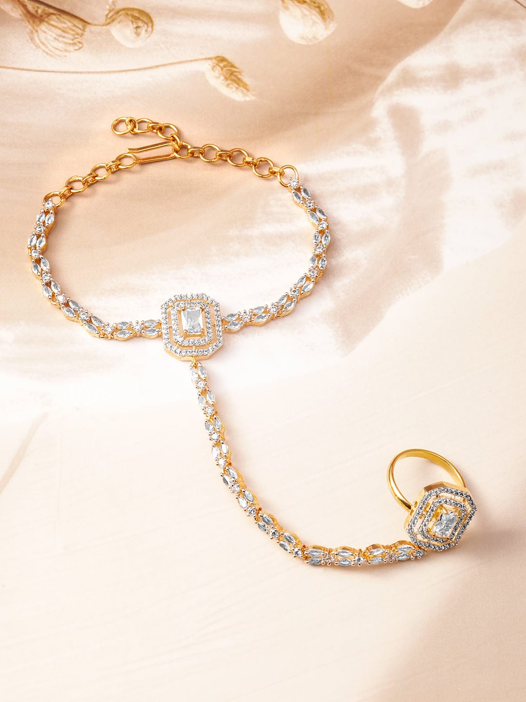 Rubans 18KT Gold-Plated Cubic Zirconia Studded Hand Harness Ring Bracelet Gold