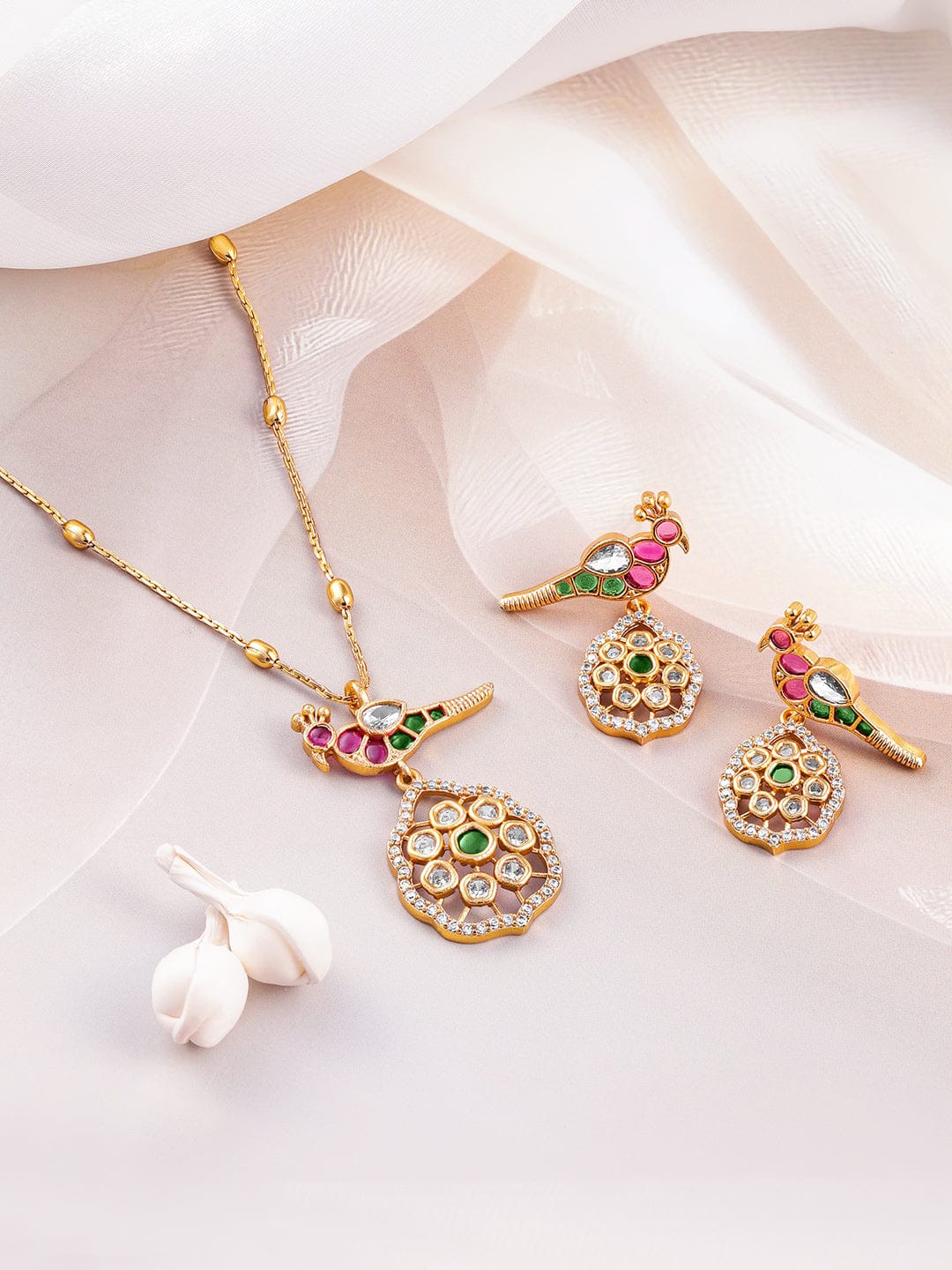 Peacock Design American Diamond Zirconia Necklace Set フリーサイズ