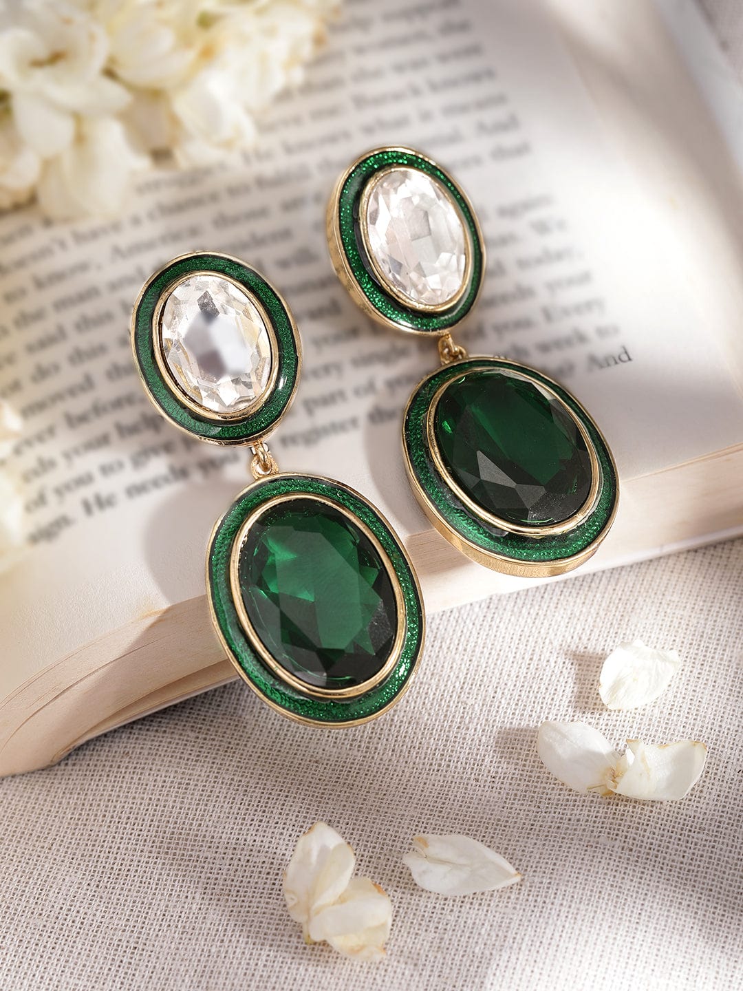 Opulent Green & White Drop Earrings Green