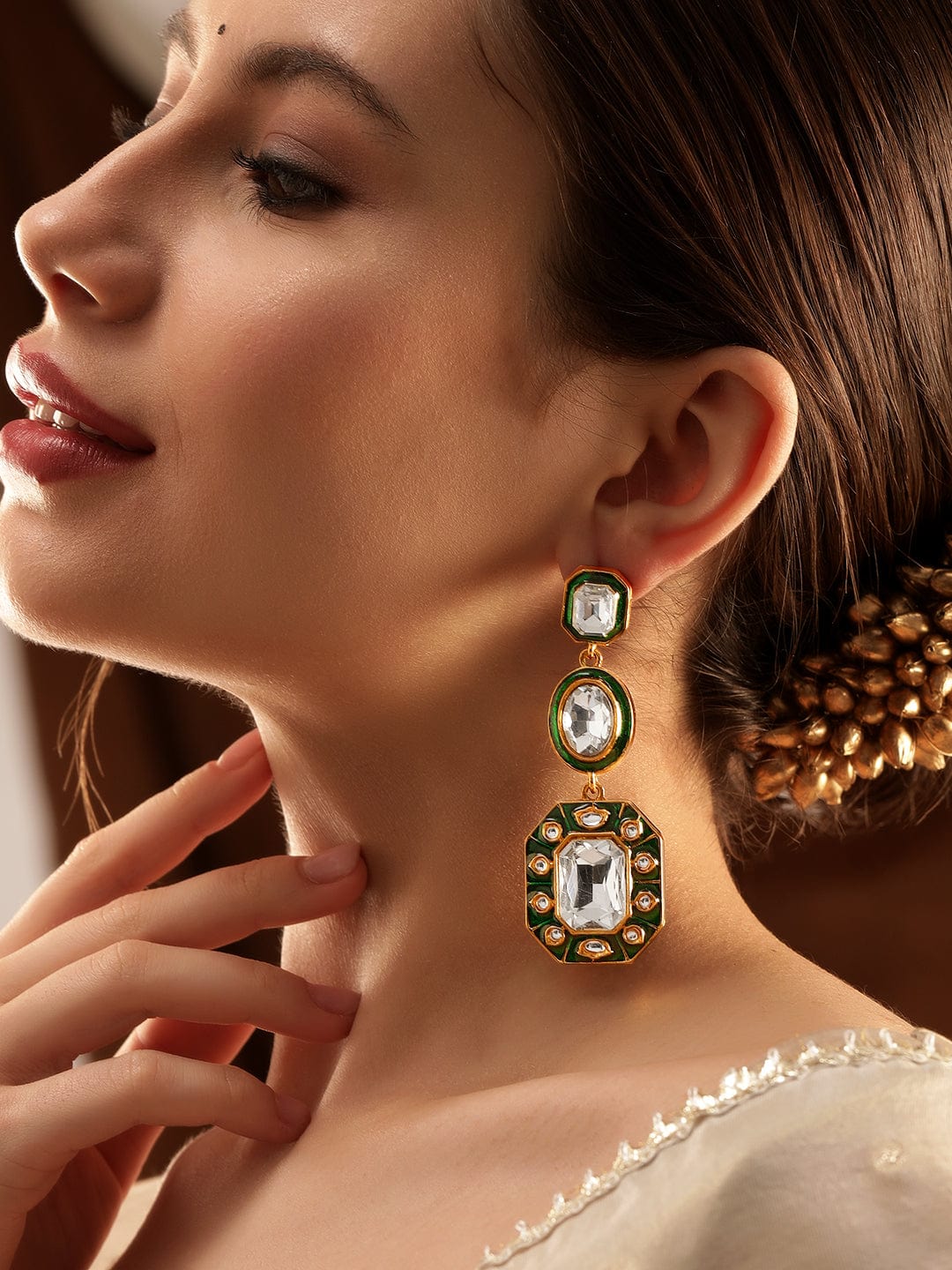 Urban Glow Enamel Green American Diamond Zirconia Dangler Green::Gold