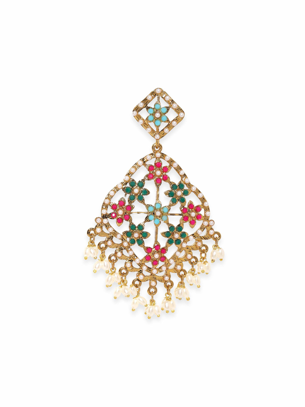 Festive American Diamond Zirconia Pearl Danglers Gold::Multi Color