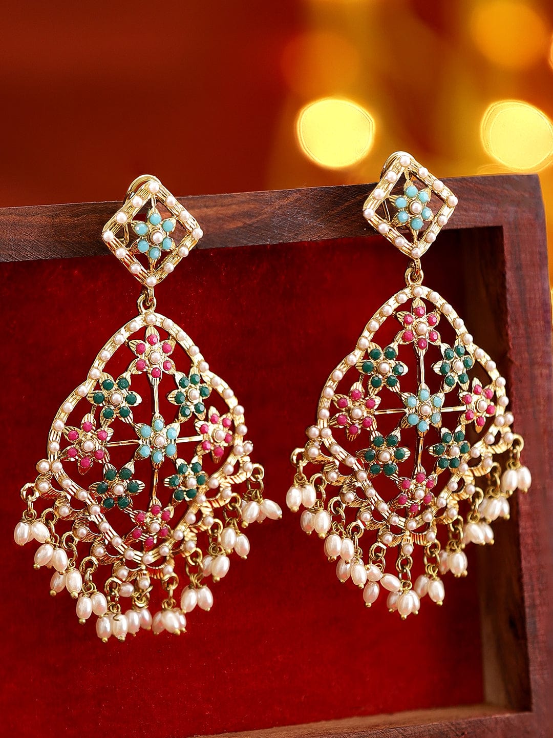 Festive American Diamond Zirconia Pearl Danglers Gold::Multi Color