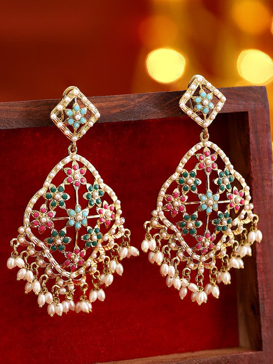 Festive American Diamond Zirconia Pearl Danglers Gold::Multi Color